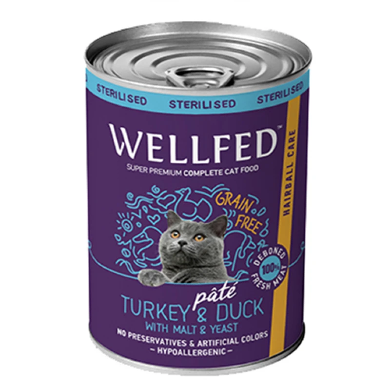 Wellfed Cat για Στειρωμένες Γαλοπούλα και Πάπια Hairball Care 400gr Γάτες