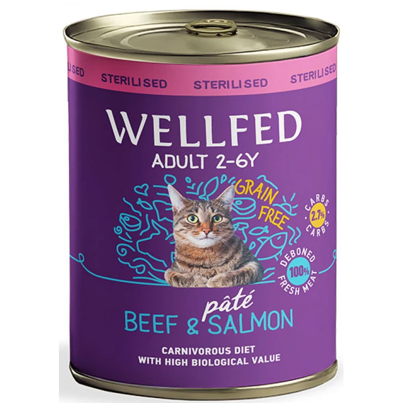 Wellfed Cat Για Στειρωμένες με Βοδινό Και Σολομό 800gr Γάτες